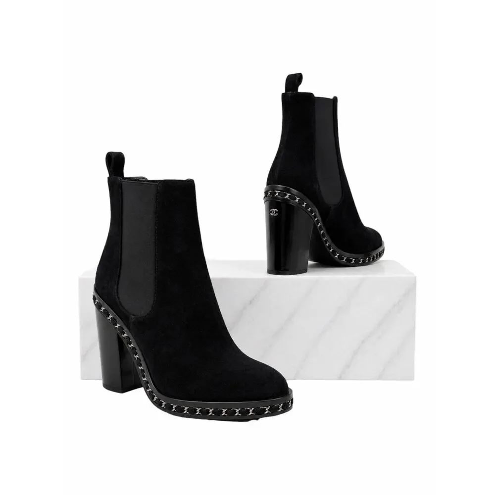 Chanel Interlocking CC Logo Heel Chain Suede Ankle Boots Black Size 40